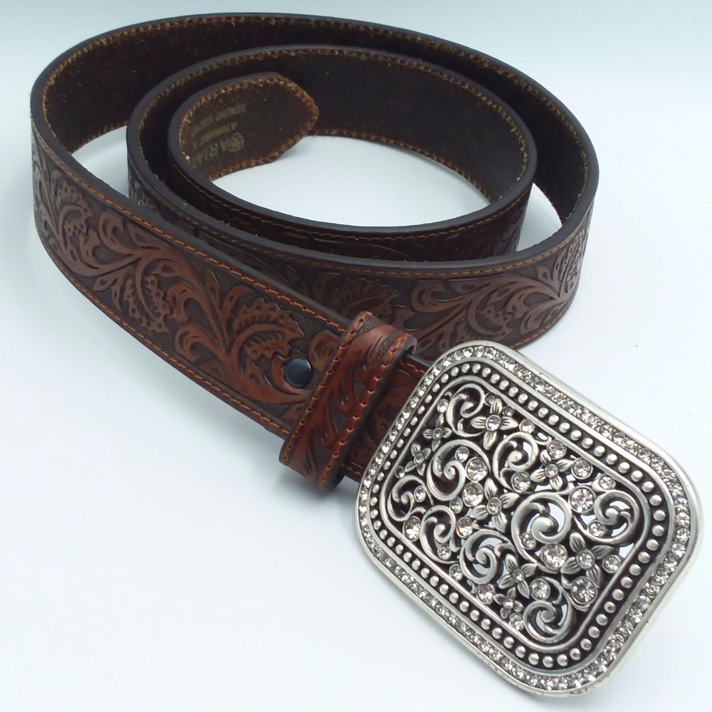 Ariat Brown Tooled Leather Western Floral Embroidery Belt Crystal Filigree
